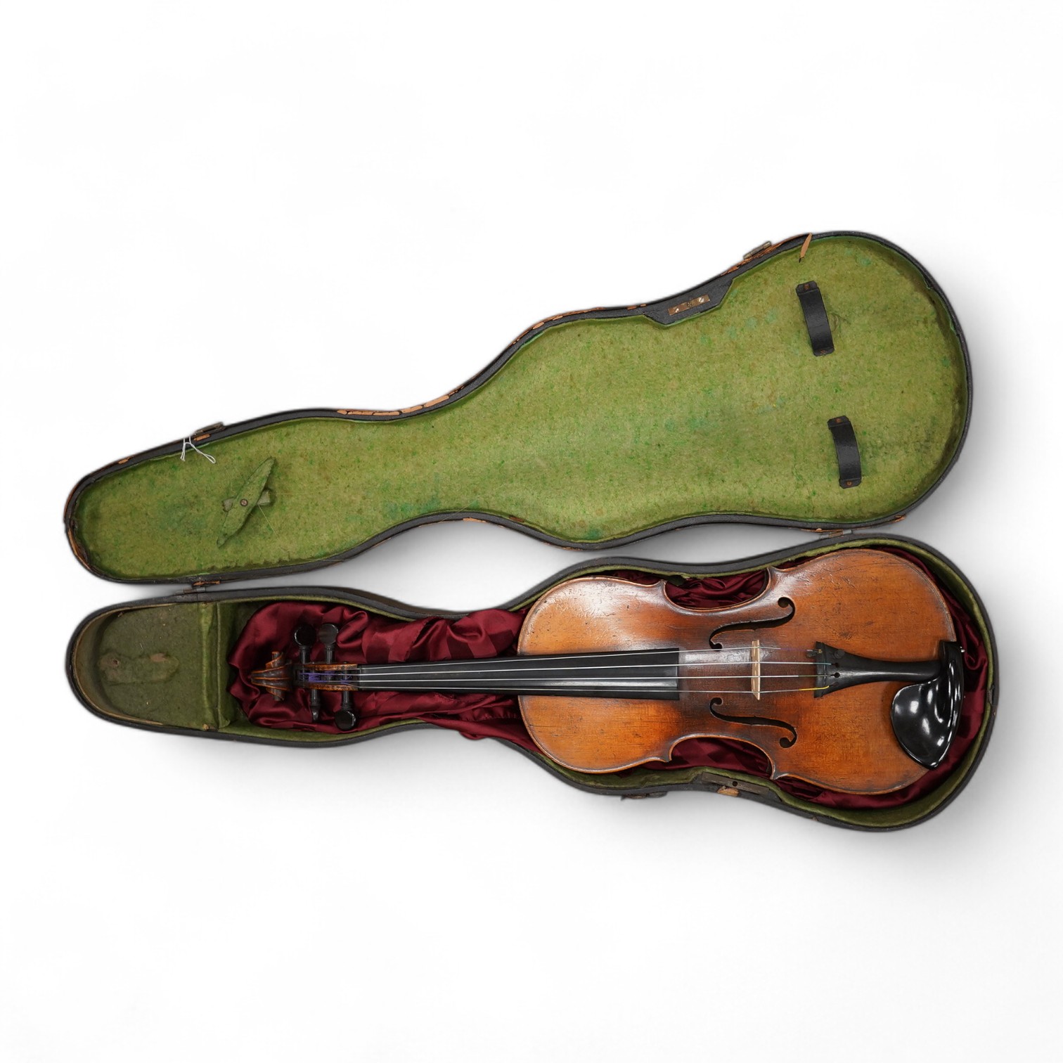 A late 19th century German violin from the Mittenwald region, body length 36cm, in a contemporary case. Condition - fair to good, condition of the case - poor.